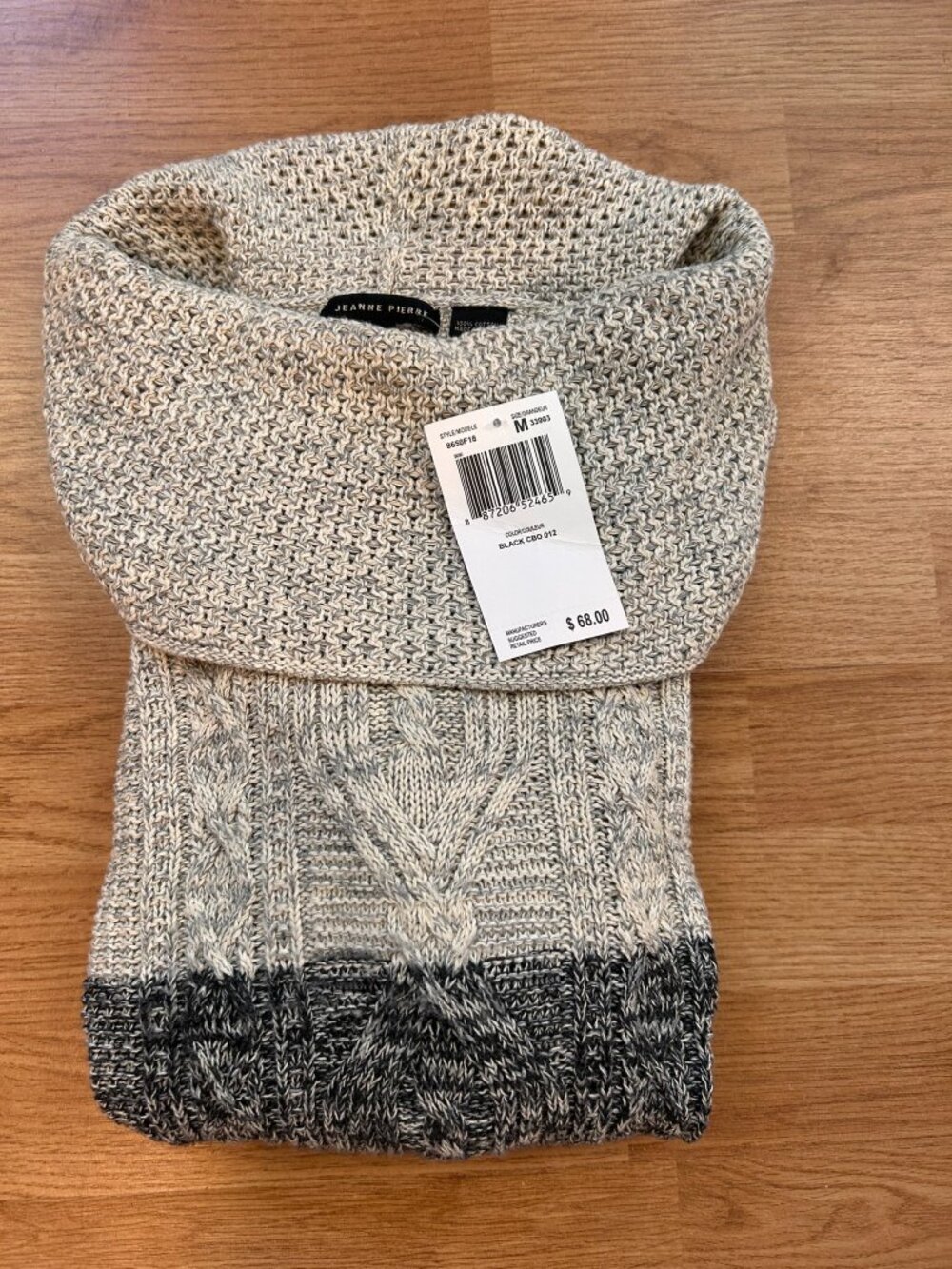 NWT Jeanne Pierre cowl neck/turtleneck sweater, 100% cotton, M, white/grey/black